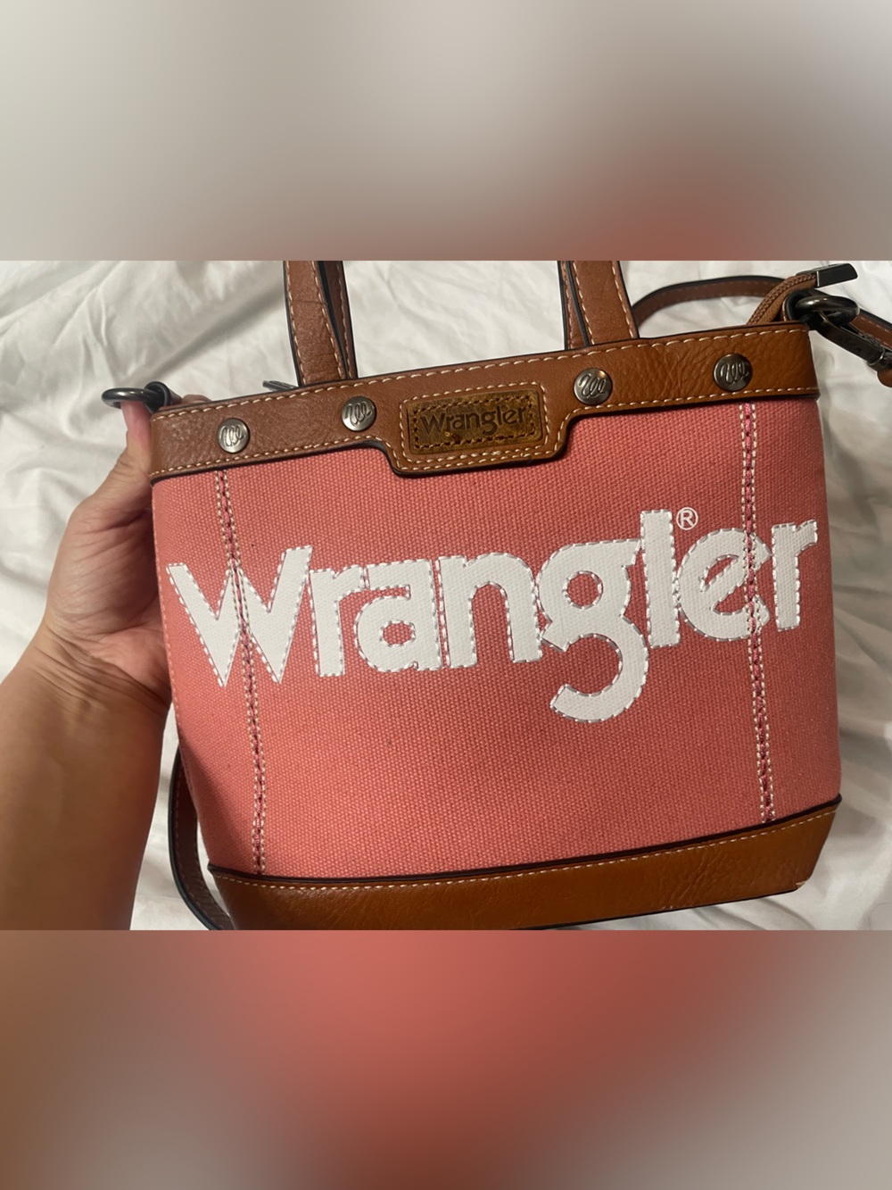 Wrangler Pink Canvas Mini Crossbody with Brown Leather Trim
